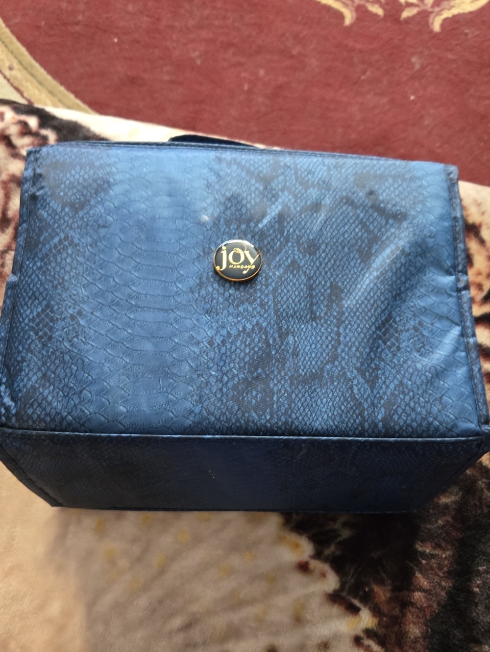 Joy Mangano Dark Blue Faux-Snakeskin Travel Cosmetic Pouch with Gold Logo